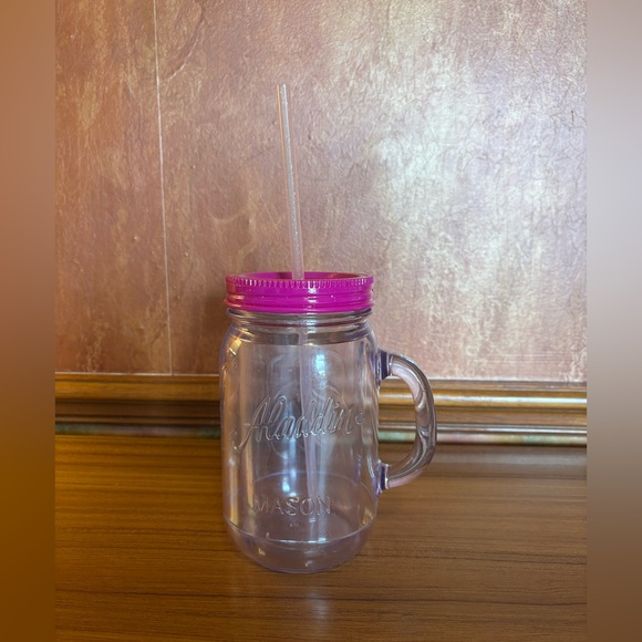 32oz Aladdin Clear Insulated Plastic Mason Jar/Mug Tumbler Pink Lid & Straw - Picture 1 of 10